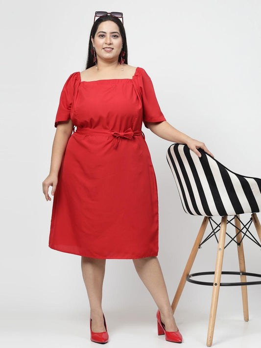 Elegant Plus Size Red Solid Flared Short Dress for Women