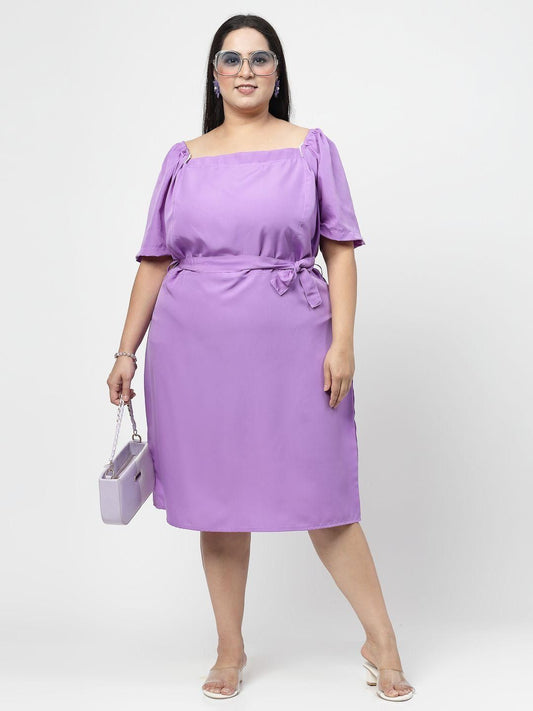 Flattering Lavender Solid Flared Short Dress for Women in Plus Size